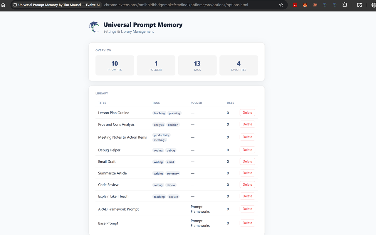 Settings and Library Management page showing overview statistics, prompt library table, and folder management